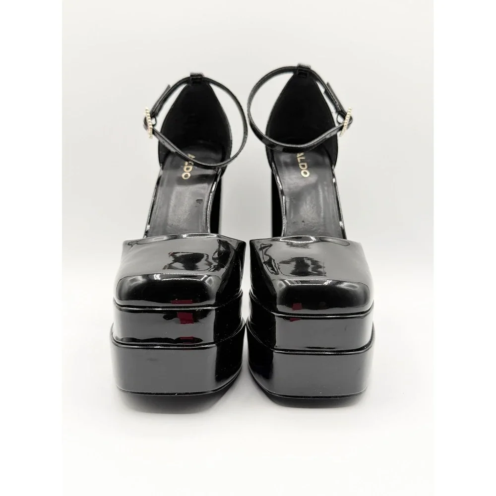 Aldo Grandle Black Patent Double Platform Mary Jane Pumps Block Heel Y2K 7.5